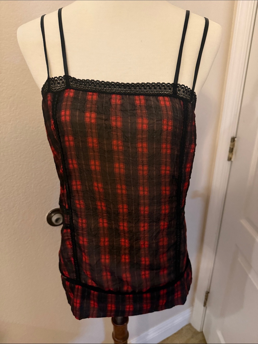 Sheer Red Plaid Lace-Trim Cami Slip